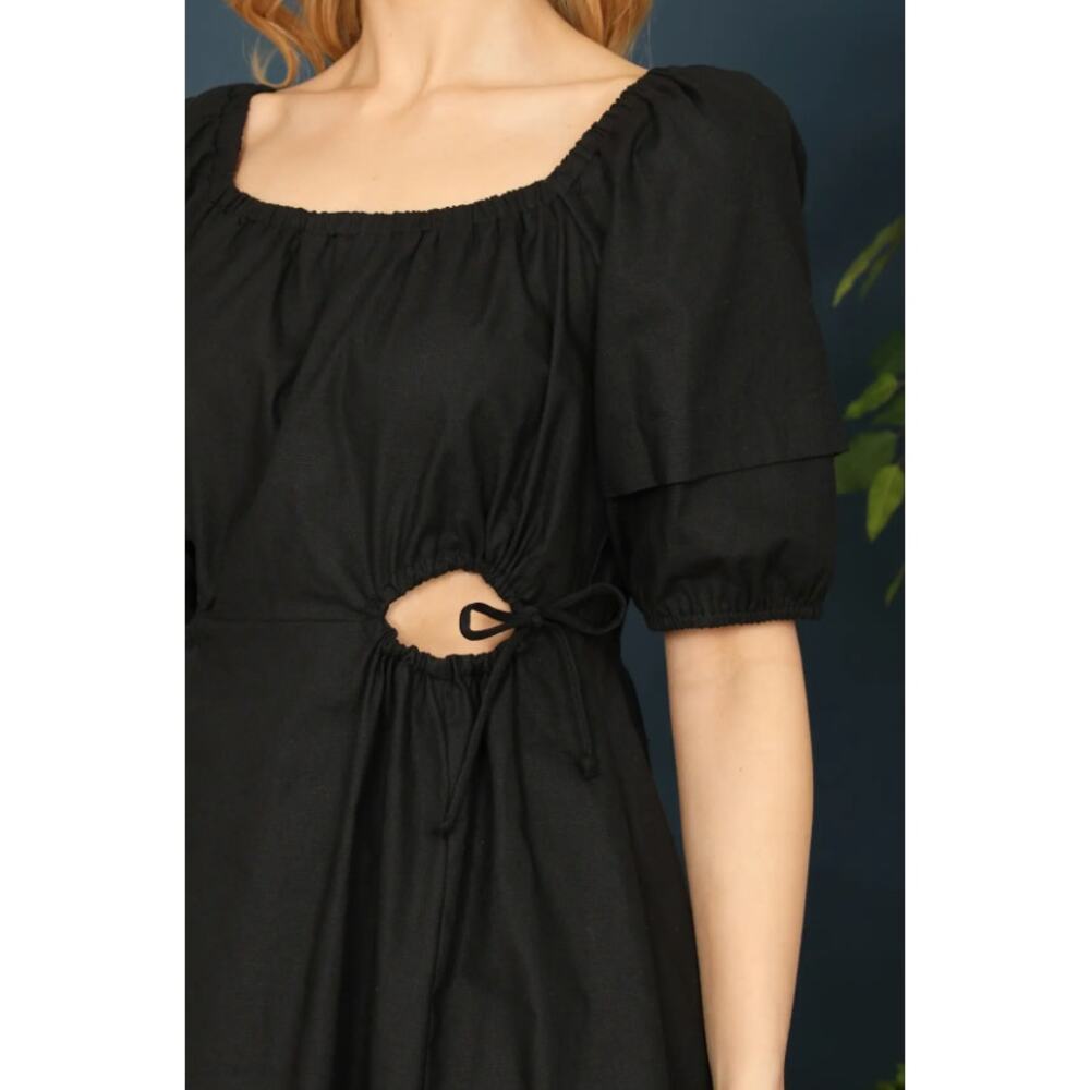 Black Cutout Mini Dress Tie Waist Puff Sleeve - Picture 2 of 6
